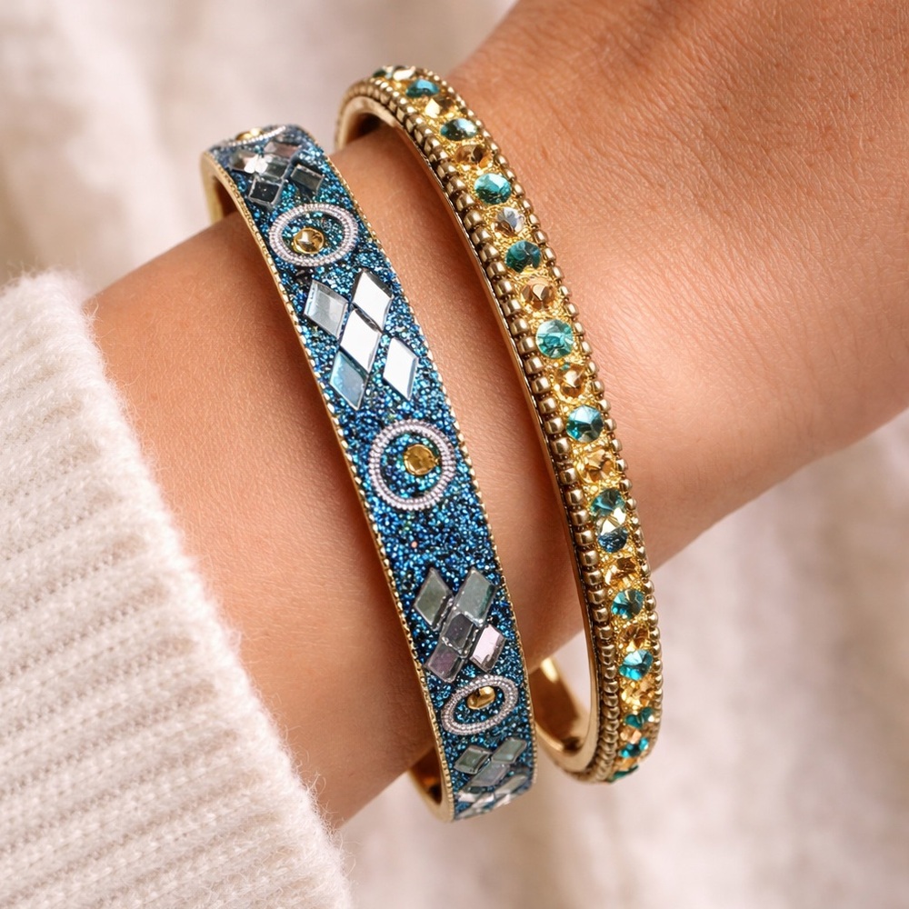 Bracelet Bangles 2 Pc. Set Mosaic Style and Rhinestone Covered Turquoise Yellow